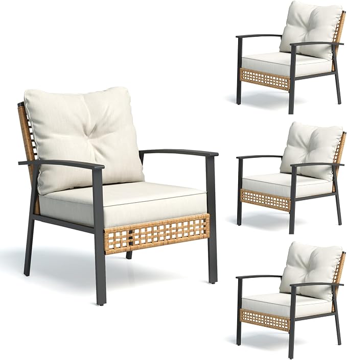 LAUSAINT HOME Outdoor Rattan Bistro Set, Patio Furniture Wicker Chairs Set of 4 with Deep Seating and Thick Cushions, Oversize Conversation Set for Garden, Balcony and Backyard (Beige)