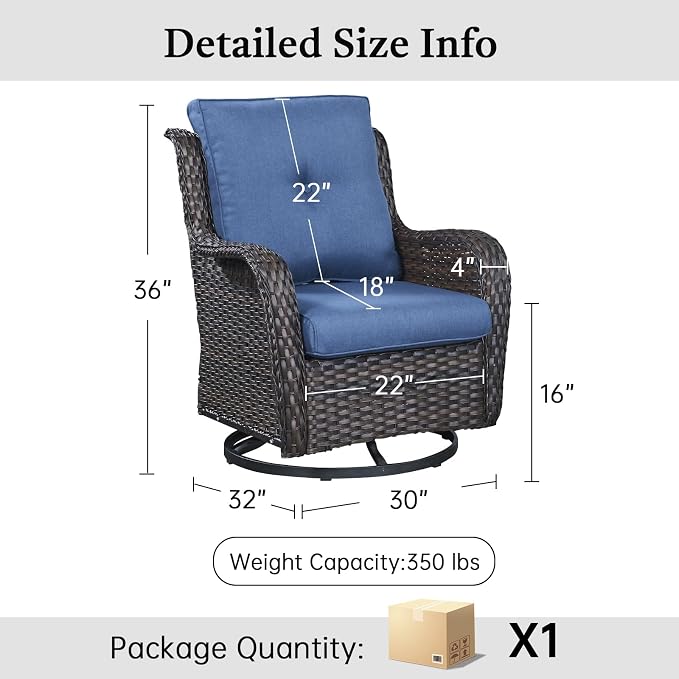Outdoor Swivel Rocker Patio Chairs-Wicker Patio Swivel Chairs Set of 2 PE Rattan Patio Furniture for Porch Deck Balcony Garden-Brown/Blue