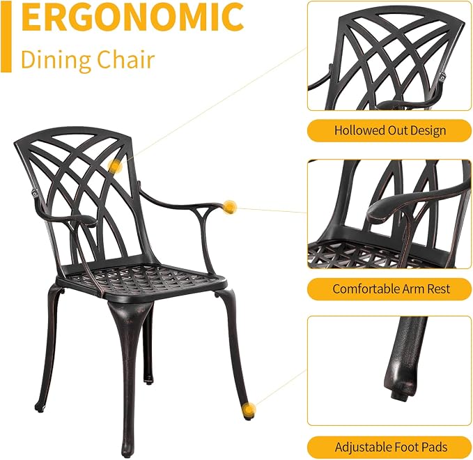 5 Pieces Outdoor Patio Dining Set, 36" Metal Outdoor Dining Set with 1.97" Umbrella Hole, Anti Rust Patio Furniture Set with 4 Chairs and Round Table for Garden, Porch and Poolside, Bronze