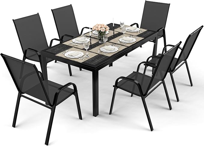 Pamapic Outdoor Dining Sets for 6, Rectangular Steel Slat Table with 6 Textilene Chairs, 7 Piece Patio Table and Chairs Set with Umbrella Hole for Patio, Backyard, Poolside (Black, No Umbrella)