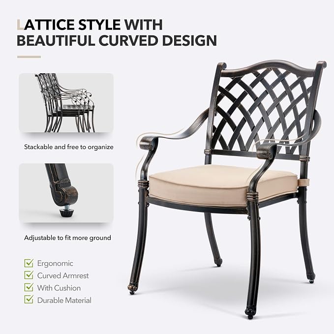 𝗔𝗶𝗹𝗶𝘀𝗺𝗮𝗶𝗹 7 Piece Outdoor Dining Set Cast Aluminum Retro Patio Dining Set for 6 includes 59” Rectangular Table and 6 Chairs with Thicker Cushions and Umbrella Hole for Patio Deck Garden