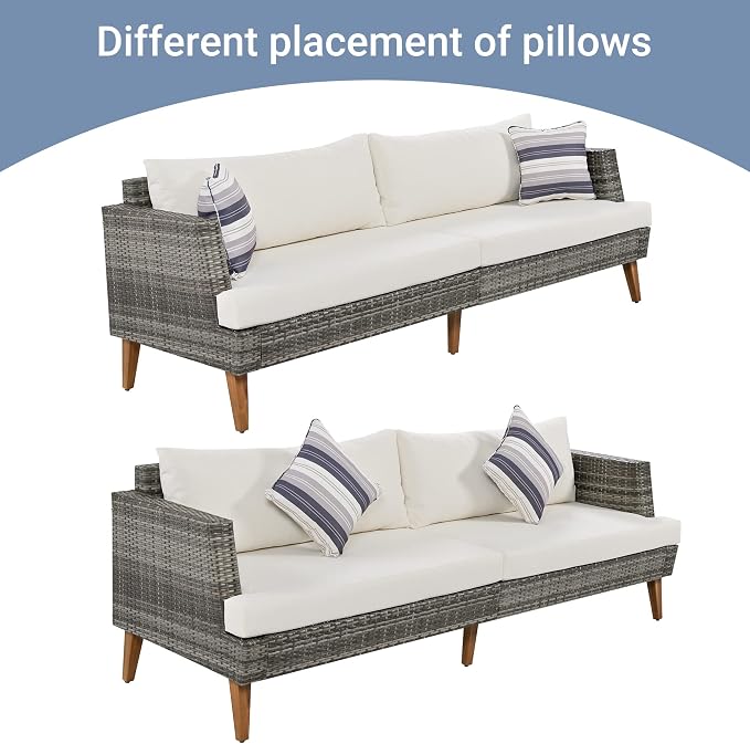 6 piece Outdoor PE Wicker Sofa Set, Outdoor Sectional Conversation Sofa with Double Cushions, Solid Wood Legs & Table Top, Patio Furniture Set for Backyard, Balcony, Gray+Beige