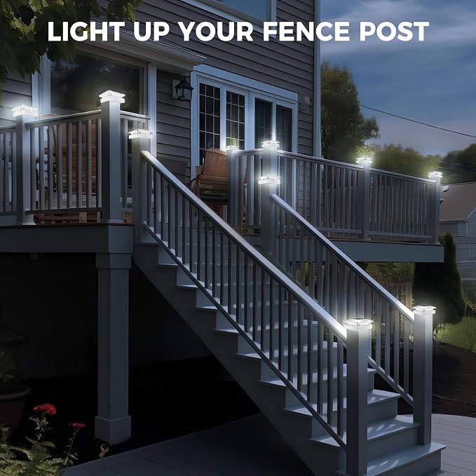4x4 Solar Post Cap Lights Outdoor with 3 Modes, 2 Packs White Fence Light Solar Powered Waterproof for 3.5×3.5/4x4 Wood/Vinyl Posts for Deck Yard Garden Patio Outside