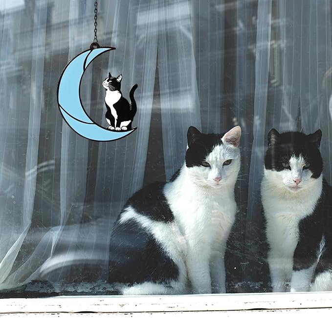 Black and White Cat Gift,Tuxedo Cat Stained Glass Art Suncatcher | Cat memorial gift and home decor for cat lovers, family, or friends; hangs in windows, patios, or gardens to honor memories