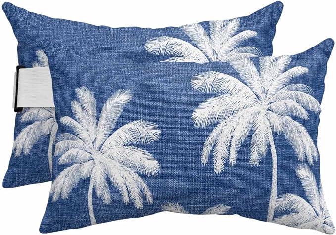 Pack of 2 Outdoor Lumbar Pillow Covers 11x16 Inch, Navy Blue Palm Trees Waterproof Throw Pillow Covers Set, Farmhouse Tropical Summer Beach Indoor&Outdoor Decorative Cushion Cases for Patio Porch Car