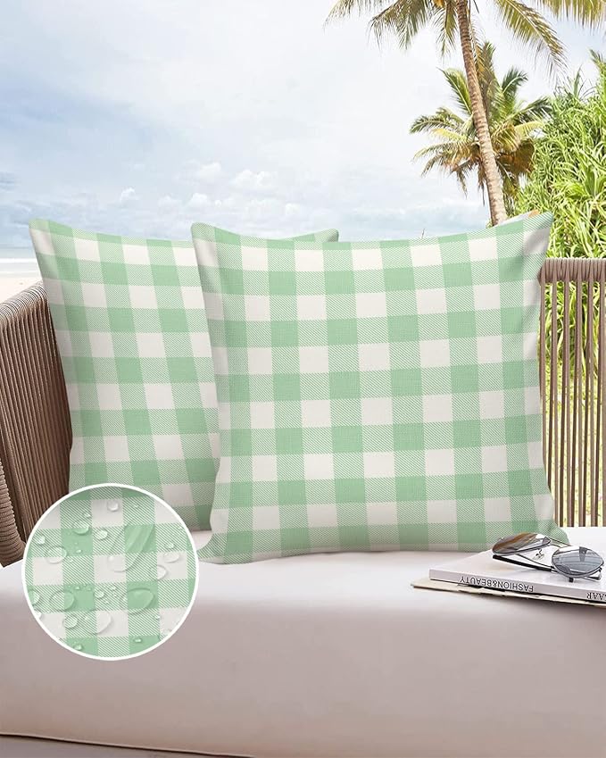 Outdoor Waterproof Throw Pillow Covers Set of 2 Light Green Buffalo Check Plaid Pillowcases 24x24 Inches Farmhouse Style Patio Decorative Pillows Cushion Case Patio Pillows for Couch Bed Chair Garden