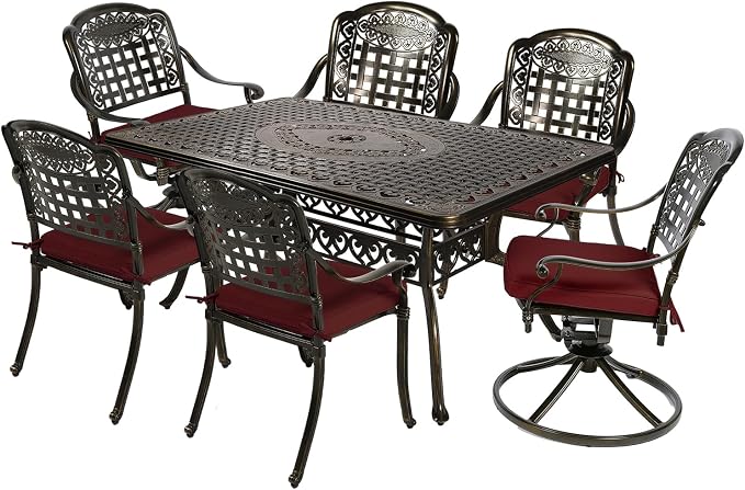 MEETWARM 7-Piece Outdoor Patio Dining Set, All-Weather Cast Aluminum Patio Conversation Set with 4 Stationary, 2 Swivel Rocker Chairs, 1 Rectangular Table, 6 Cushions, 2" Umbrella Hole, Chili Red
