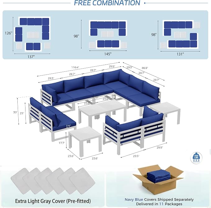 NICESOUL 14 Piece Extra Large Contemporary Aluminum Outdoor Furniture Set with End Table 29" Deep Wide Couch Set, 500 lbs High Weight Capacity Modular Patio Sectional Sofa for Poolside Deck, Navy Blue