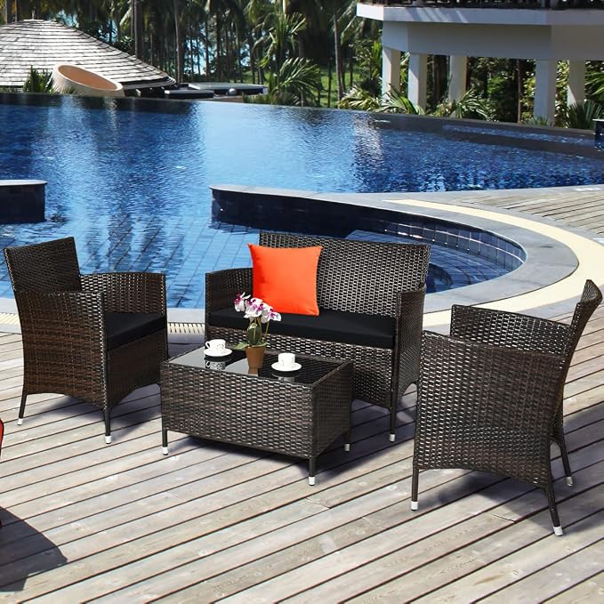 COSTWAY 8PCS Rattan Patio Furniture Set | Outdoor Wicker Rattan Chairs with Coffee Table, Rattan Cushioned Conversation Set for Backyard Balcony Porch Poolside, Black
