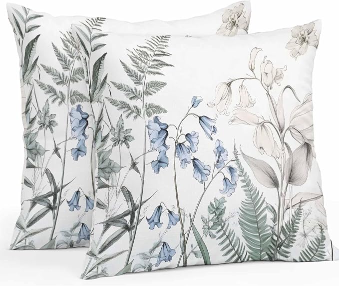 Throw Pillow Covers 24x24 Inch Set of 2, Blue Beige Floral Waterproof Outdoor Pillow Covers, Farmhouse Botanical Decorative Cushion Pillowcases for Couch, Sofa, Bed, Garden, Patio