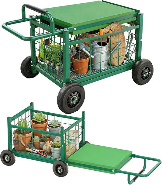 Extra-Large Rolling Garden Cart and Kneeler, 4-in-1 Garden Seat with Wheels | Heavy Duty Gardenning Cart with Seat and Kneeler, Rolling Stools with Wheels for Seniors Gardening
