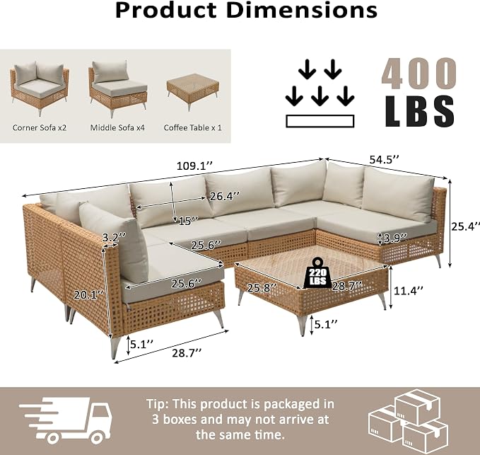 YOPTO 7-Piece Outdoor Conversation Sectional Sofa Set with Water Resistant Thick Cushions & Coffee Table,Wicker Patio Furniture Set W/Removable Cushions Cover,DIY Combination,for Porch,Backyard,Beige
