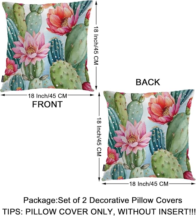 Swono Couch Pillow Cover Set of 2 Cactus, Tropical Cactus Floral Rose Decorative Throw Pillowcase Cushion Cover 18 X 18 Inch Throw Pillows Covers for Sofa Bedroom Car Living Room, Green Pink
