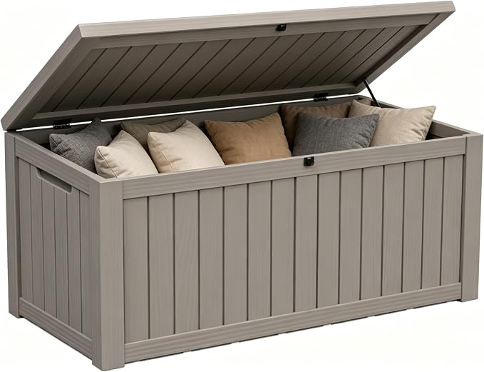 Outdoor Storage Box 181GAL Waterproof Resin Deck Box,Pool Accessories Supplies，UV-Resistant Lockable Package Delivery Bin for Garden Tools,Large Patio Outside Cushions,Chest,Furniture,Grey