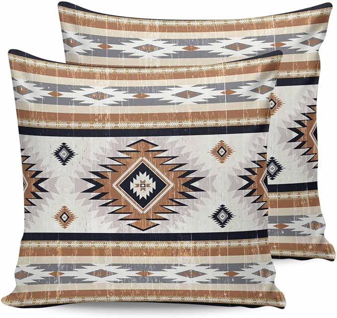 Outdoor Waterproof Throw Pillow Covers Set of 2 Orange Boho Aztec Pillowcases 24x24 Inches Southwest Tribal Geometric Patio Decorative Pillows Cushion Case Patio Pillows for Couch Bed Chair Garden