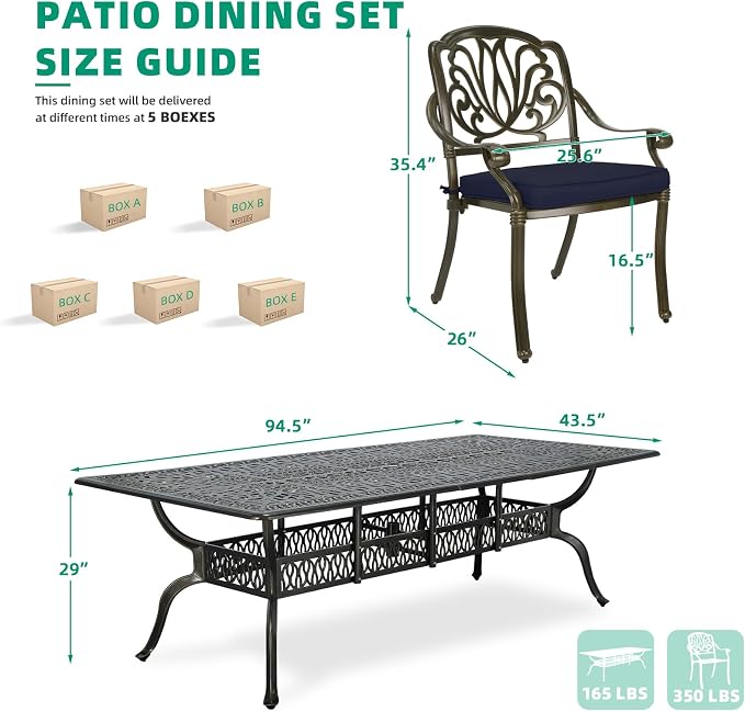 VIVIJASON 9-Piece Outdoor Dining Set, All Weather Cast Aluminum Retro Patio Furniture Table and Chairs Set for 8, Include 94.5" Rectangular Table and 8 Chairs with Umbrella Hole, Navy Blue Cushion