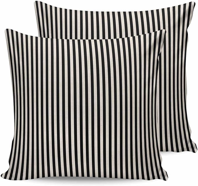Outdoor Waterproof Throw Pillow Covers Set of 2 Black Stripes Pillowcases 24x24 Inches Linen Classic Vertical Striped Patio Decorative Pillows Cushion Case Patio Pillows for Couch Bed Chair Garden