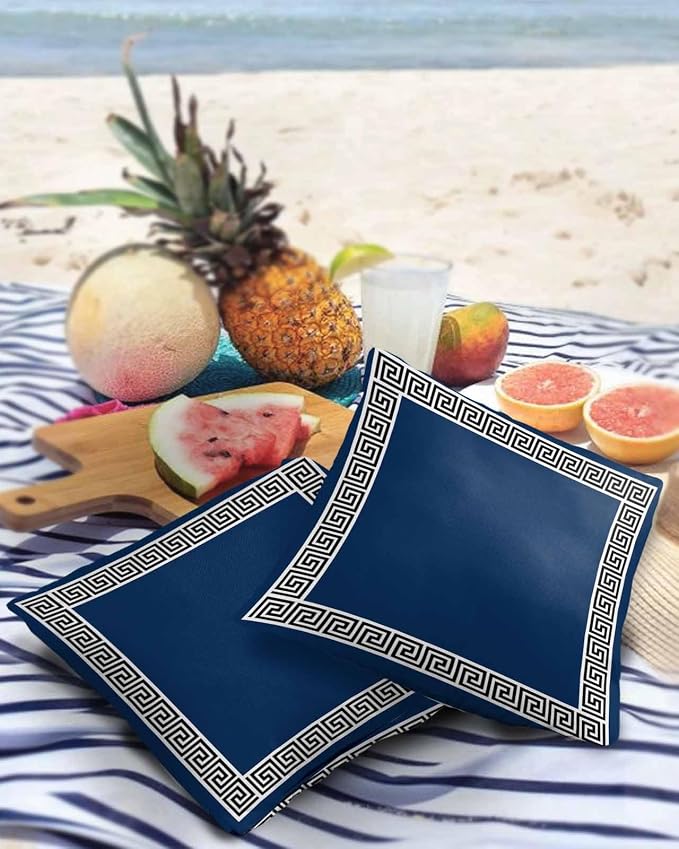 Prime Leader Outdoor Waterproof Pillow Covers Set of 2, Chinese Style Pattern Navy Blue Background Patio Throw Pillow Covers, Decorative Cushion Case for Couch Sofa Furniture Garden, 18x18 Inch