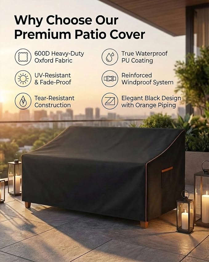Outdoor Sofa Cover, Waterproof Patio Furniture Cover 60W x 36D x 33H inches Heavy Duty 600D Oxford Fabric Black