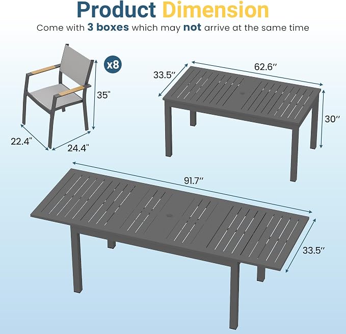 Wisteria Lane Aluminum Outdoor Patio Table and Chairs Set with 91.7" L-62 L Expandable Dining Table, 9-Pieces Outdoor Dining Set for 8, Patio Furniture Set with Stackable Quick Drying Chairs, Grey