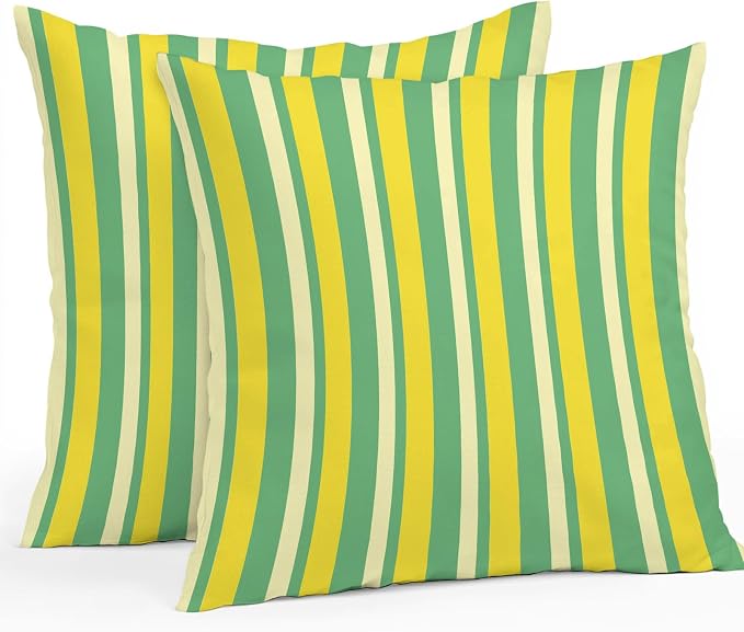 Lemon Green Yellow Outdoor Pillow Covers 18x18 Inch Throw Pillow Covers Set of 2 Waterproof Decorative Pillow Cases Summer Modern Farmhouse Striped Cushion Covers for Patio Furniture Garden Couch Sofa