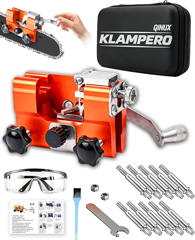 Chainsaw Sharpener Tool, Hand Crank Chain Saw Sharpener with 30° Angle Guide & Adjustable Clamp, Portable Chainsaw Kit for 4-22" Chains Gas & Electric Chainsaws (Orange-Small+10 Head)
