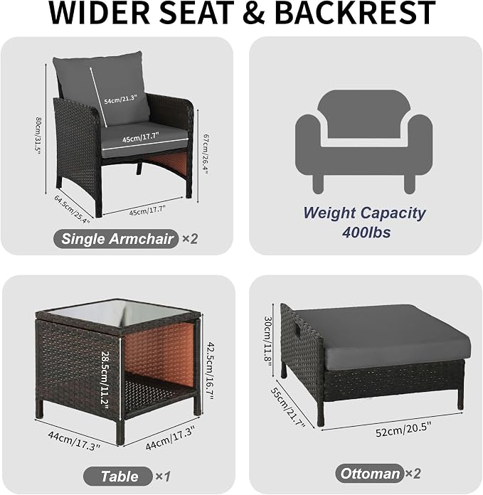 5 Piece PE Wicker Patio Furniture Set, Outdoor Conversation Chairs with Pull Out Hidden Ottoman, Soft Cushions & Glass Coffee Table, Wicker Bistro Set for Porch, Garden, Balcony, Poolside (Grey)