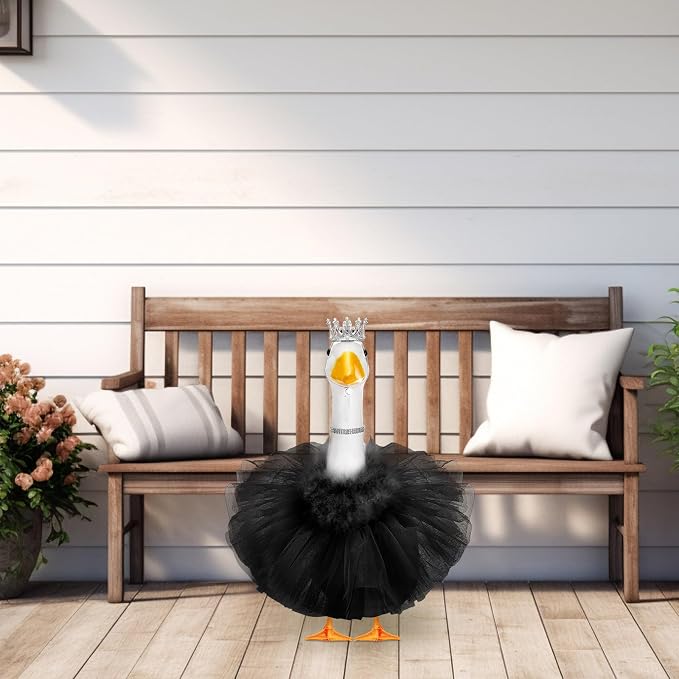 4 Pcs Princess Porch Goose Outfit for 23" 17" Cement Lawn Goose Costume Crown Necklace Tutu Skirt Feather Trim(Black)