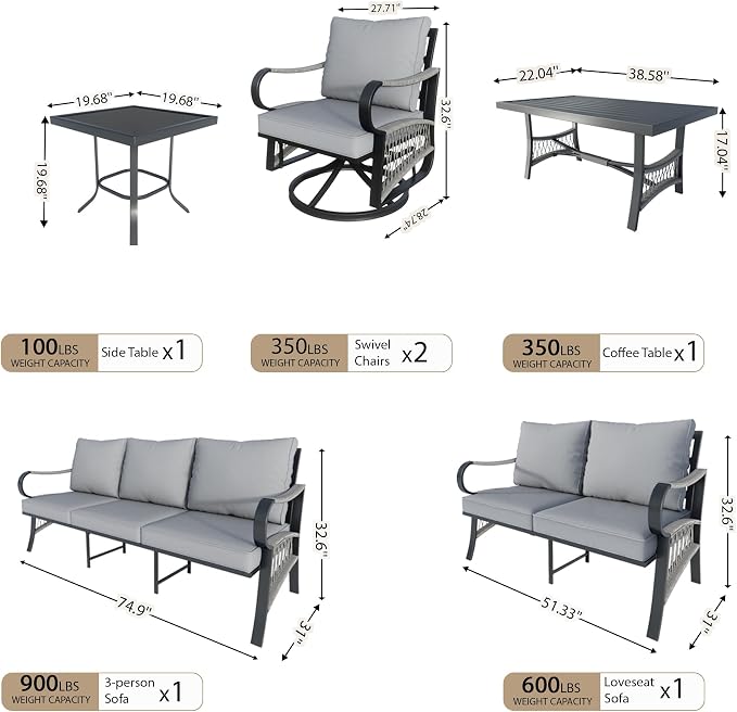 6 Pieces Patio Conversation Sets, Metal Outdoor Furniture Set Includes 3-Seater 2 Swivel Rockers with Side Table and Loveseat with Coffee Table for Backyard Garden Deck Porch Poolside, Gray