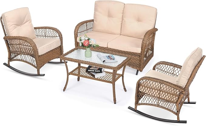 VIVIJASON 4-Piece Outdoor Patio Wicker Conversation Sets, All Weather Outdoor Rattan Furniture Set Includes Glider Loveseat, Coffee Table, 2 Rocking Chairs with Cushions for Backyard, Light Brown