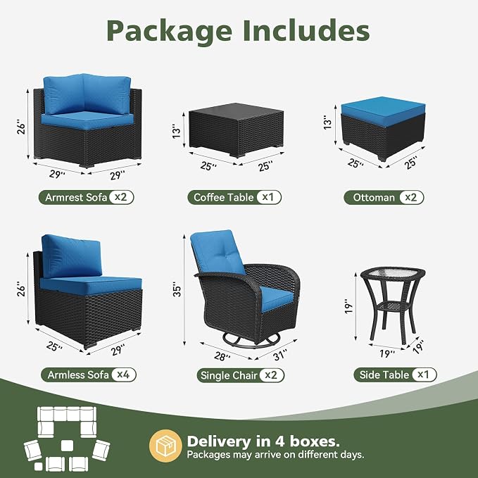 Aoxun 12 Piece Outdoor Patio Furniture Set with Coffee Table, Wicker Rattan Outdoor Furniture with High Back Swivel Rocker Chairs, Outdoor Conversation Set with Thick Cushion & Ottoman, Peacock Blue