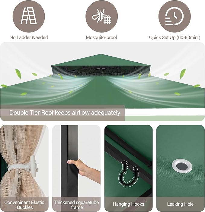 LAUSAINT HOME Patio Gazebo 12'x12', Outdoor Heavy Duty Party Tent Shelter with Double Roofs, Mosquito Nettings and Privacy Screens for Backyard, Garden, Lawn, Forest Green