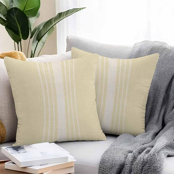 Throw Pillow Covers 20x20 Inch Set of 2, Cream Beige Striped Waterproof Outdoor Cushion Covers, Modern Farmhouse Retro Lines Decorative Pillowcases for Couch, Sofa, Bed, Garden, Patio