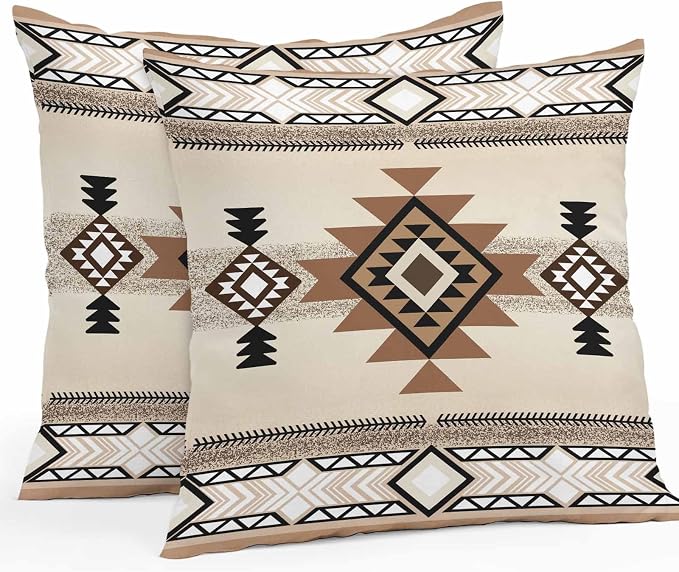 Outdoor Waterproof Throw Pillow Covers Set of 2 Brown Aztec Pillowcases 16x16 Inches Western Tribal Boho Pattern Decorative Pillows Cushion Case Patio Pillows for Couch Bed Chair Garden