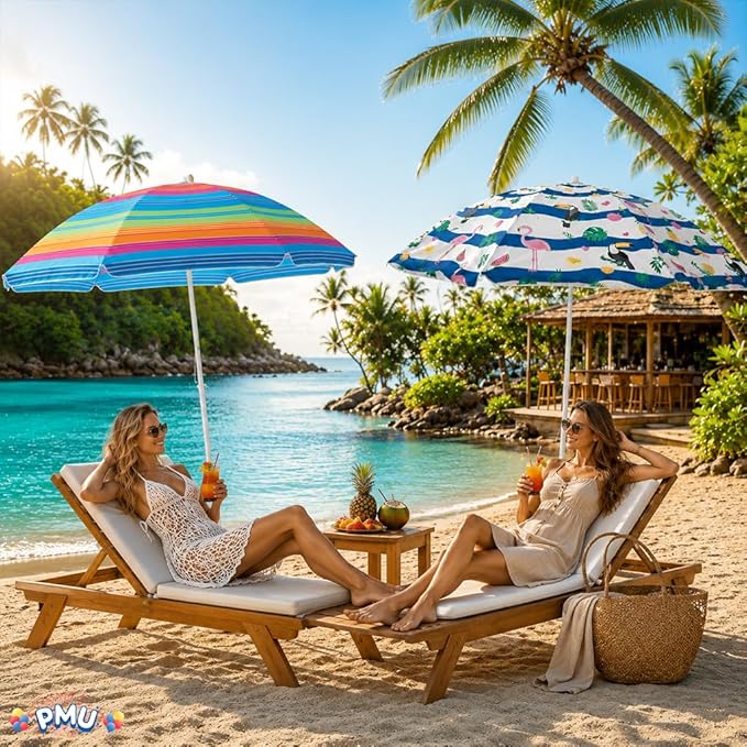 PMU 4 Pcs Set Beach Umbrella 72in Open – Tropical Flamingo Print & Rainbow Stripe, 160G Polyester Large Outdoor Patio Pool Parasol Umbrella for Garden, Deck, Backyard & Pool