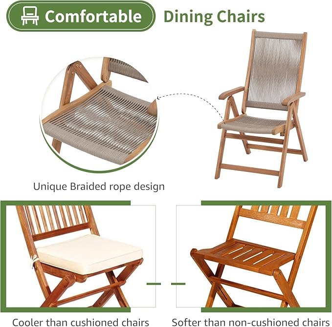 OC Orange-Casual 7 Pieces Patio Dining Set Outdoor Furniture with 6 Foldable Acacia Wooden and Rope Chairs and Large Table for Outdoor,Yard, Garden, Porch，Beige