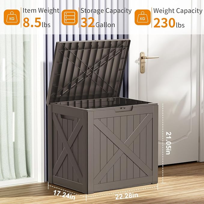32 Gallon Deck Box, Waterproof Outdoor Storage Boxes For Garden Tools,Indoor Cushions,Accessories Outside Storage Resin Lockable Weatherproof Container(Grey)