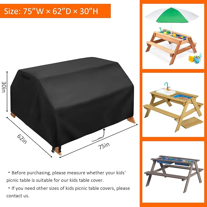 Kasla Picnic Table Cover, Heavy Duty Waterproof, Fits Folding Picnic Table and Bench Set, Camping Dining Furniture for Backyard, Patio, Lawn (75" W×62" D×30" H)