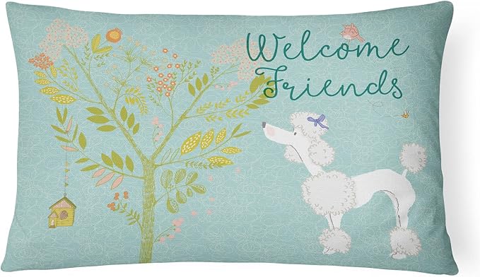 Caroline's Treasures BB7614PW1216 Welcome Friends White Poodle Canvas Fabric Decorative Pillow Machine Washable, Indoor Outdoor Decorative Pillow for Couch, Bed or Patio, 12HX16W