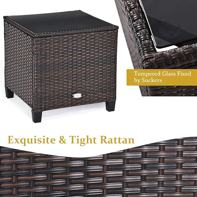 Tangkula 3 Pieces Patio Furniture Set, PE Rattan Wicker 3 Pcs Outdoor Sofa Set w/Washable Cushion and Tempered Glass Tabletop, Conversation Furniture for Garden Poolside Balcony (Beige)