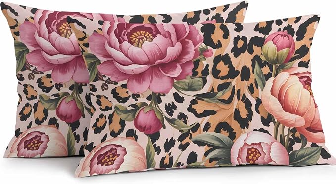 Vandarllin Outdoor Throw Pillows Covers 20x12 inch Set of 2 Waterproof Leopard Print Decorative Zippered Cushion Covers for Patio Furniture, Pink Floral Retro Animal Skin Lumbar Pillowcases