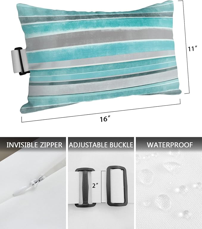 Outdoor Pillows Covers with Inserts Teal Stripes Watercolor Northern Europe Style Waterproof Recliner Pillow with Adjustable Strap Throw Pillows for Patio Furniture Pool Lounge Chair, 11x16 inch, 1PCS