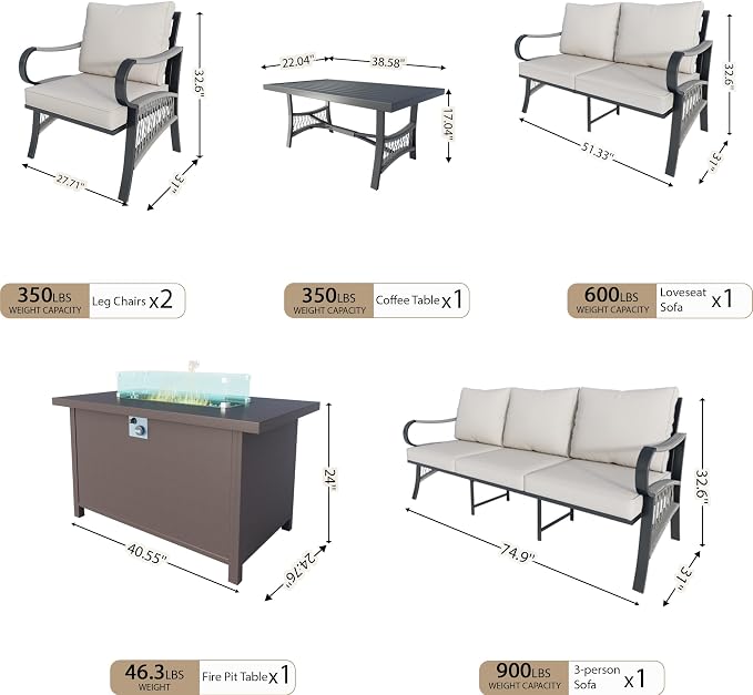 6 Pieces Outdoor Patio Conversation Sets, Outdoor Furniture Set Metal 3-Seater 2 Single Chairs 1 Loveseat with Coffee Table and Fire Pit Table for Backyard Deck Porch Poolside, Beige