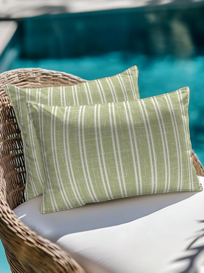 Waterproof Outdoor Pillow Set of 2 Sage Green Linen Striped Decorative Throw Pillows Cover & Insert 20x12 Inch Lumbar Pillowcase Vertical Stripes Lines Pillows for Couch Sofa Bed Patio Furniture