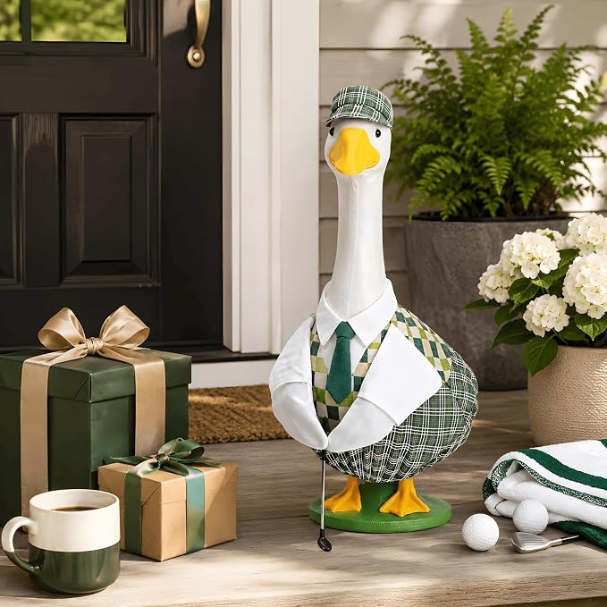 Golfer Goose Outfit for 23 Inch Porch Goose Statue Golf Clothes with Hat Tie Shirt and Club for Garden Yard Patio Decor