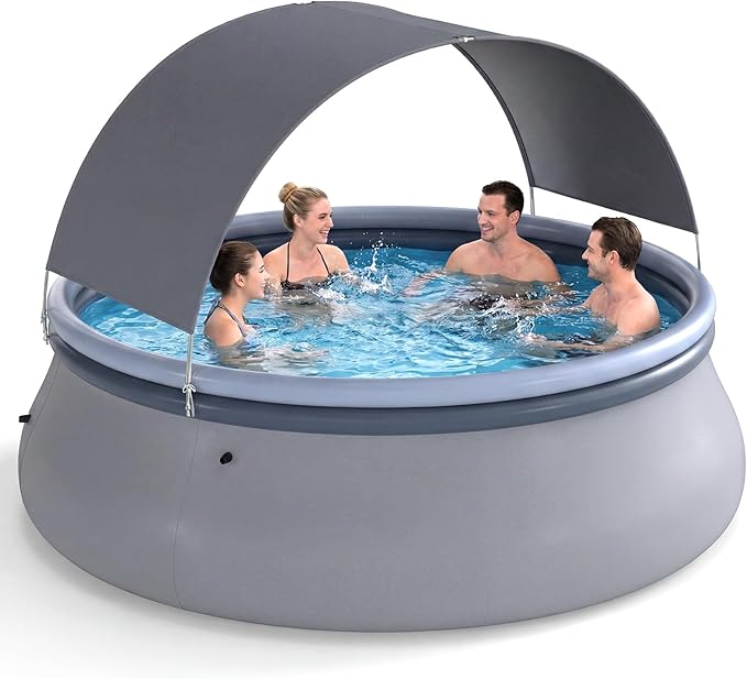 Goplus Inflatable Pool with Canopy, Large Round Above Ground Swimming Pool w/ 2 Air Chambers, Repair Patch, Top Ring Blow Up Pools for Backyard, Lawn, Garden (118” x 68”)
