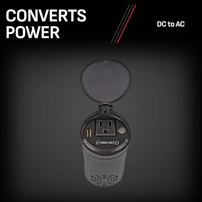 Schumacher XI15 150 Watt DC to AC Cup Power Inverter with (1) 120V AC Outlet, (1) USB Port Power Plugs into 12V Port