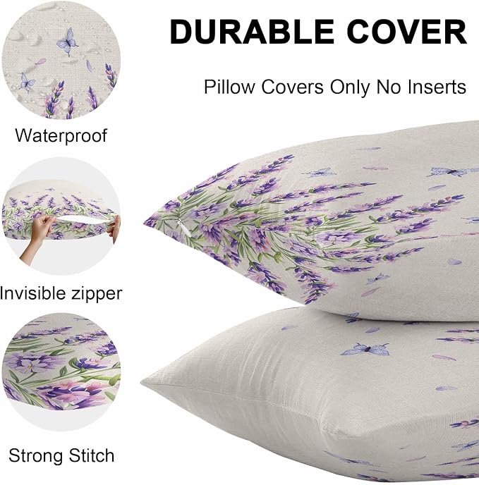 Vandarllin Outdoor Throw Pillows Covers 20x12 inch Set of 2 Waterproof Purple Lavender Flower Decorative Zippered Cushion Covers for Patio Furniture, Butterfly Floral Linen Lumbar Pillowcases