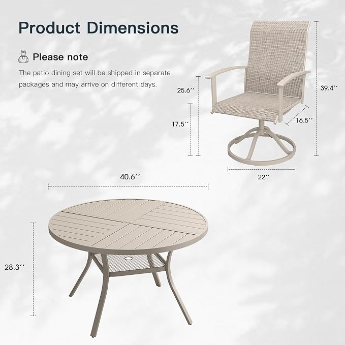 VICLLAX 5 Pieces Patio Outdoor Dining Set, 4 Swivel Textilene Chairs and 40.6" Round Metal Table with Umbrella Hole for Porch, Deck, Garden, Sandshell