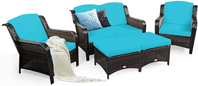 COSTWAY 5PCS Patio Wicker Rattan Furniture Set, Loveseat Sofa with Ottomans and Cushioned Chairs, Conversation Sets for Outdoor Garden Backyard